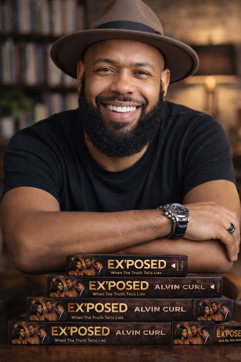 Author Alvin Curl smiling beside copies of EX’POSED